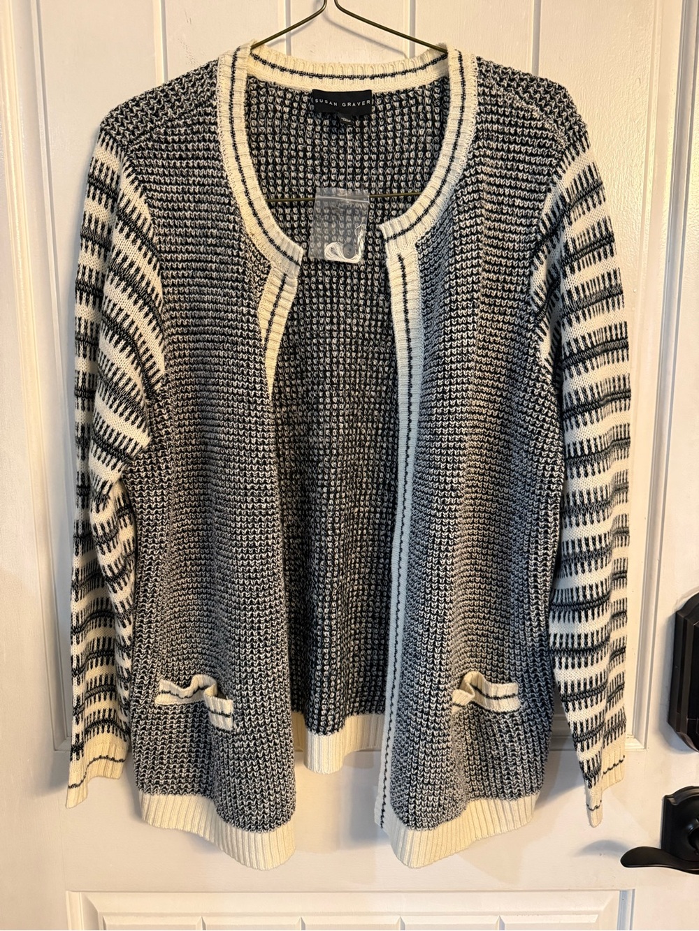 Susan Graver Woman’s  Black & White Open-Front Knit Cardigan